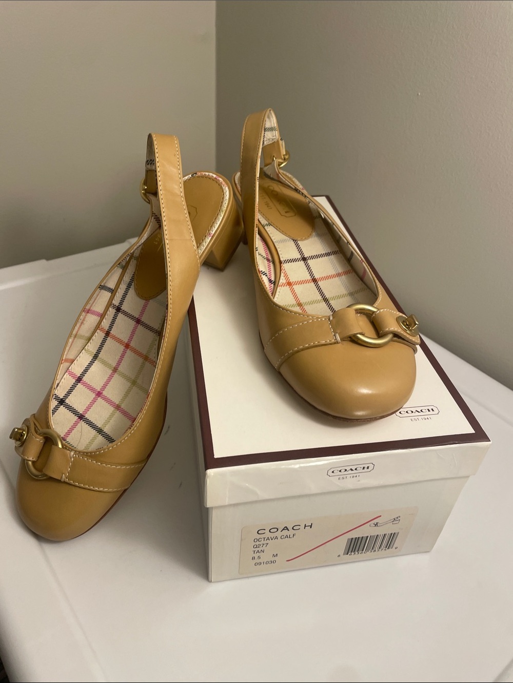 COACH Tan Leather Slingback Heel with Gold-Tone Buckle